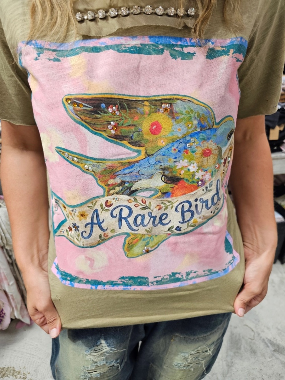 A Rare Bird Rhinestone Distressed Floral Print Bird Tee